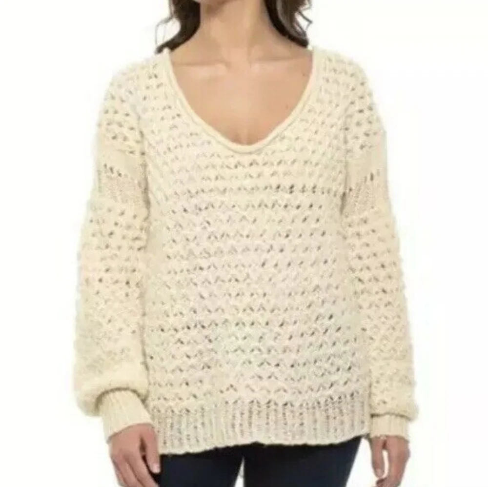 Free People Crashing Waves Open Chunky Knit Scoop Neck Wool Blend Sweater XS
